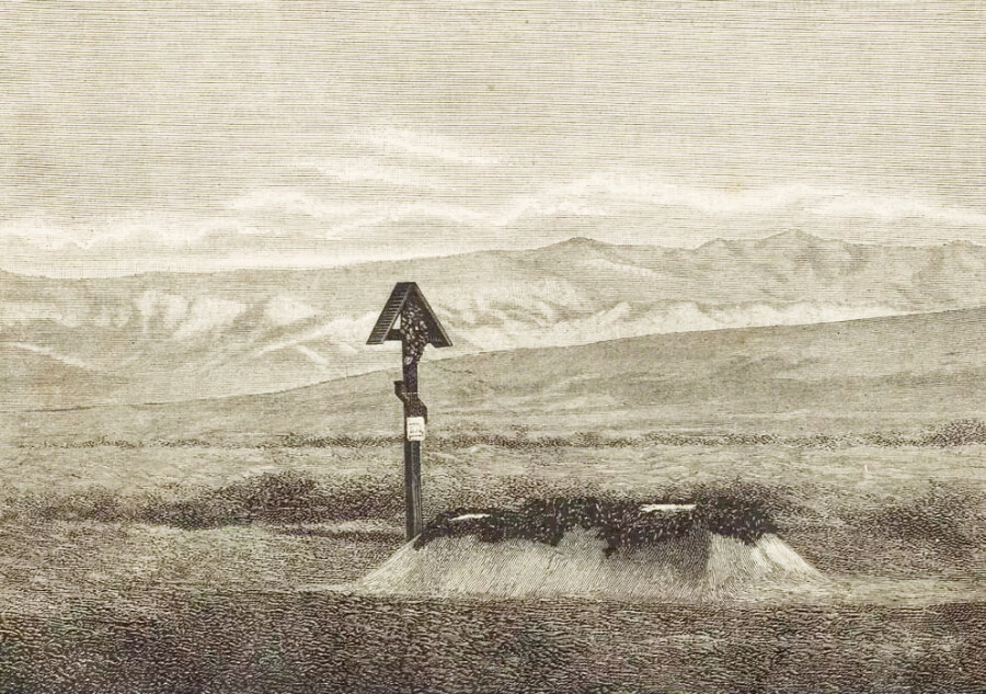 Могила Н. М. Пржевальского на берегу озера Иссык-куль. 1888. Фото — Роборовского, гравер —Путц