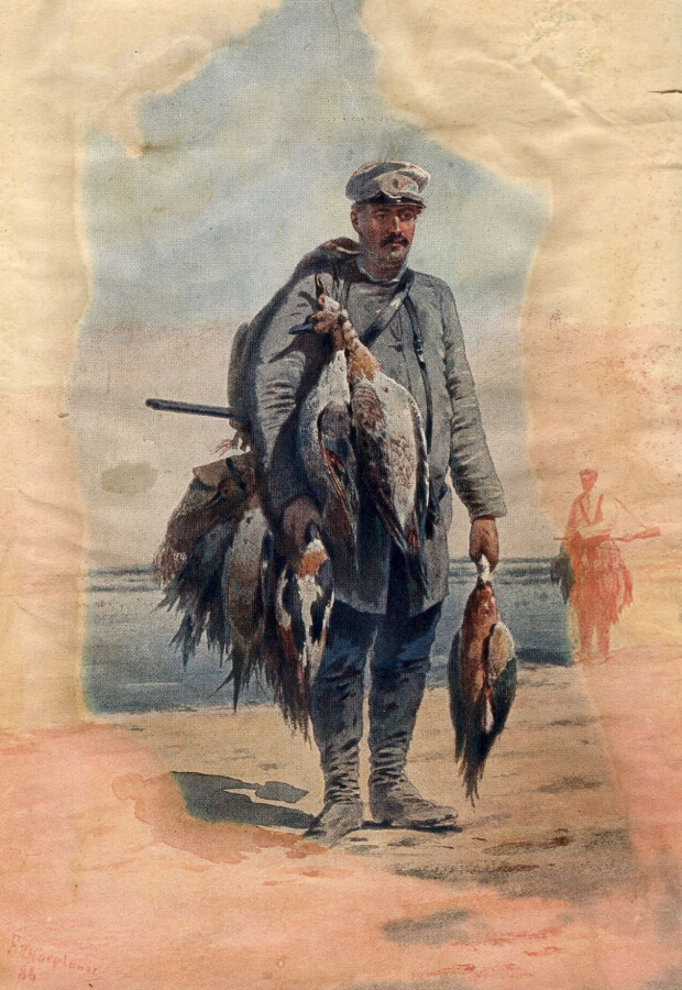 Н. М. Пржевальский на озере Лоб-Нор во время экспедиции. После удачной охоты. 1886