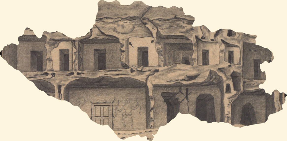 Гора Дусахань-фридзе. Руины двухэтажных построек с росписями. Худ. — И. В. Роборовский. 1879